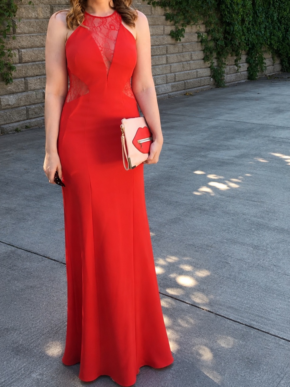Aidan Mattox Red Lace-Panel Sleeveless Evening Gown